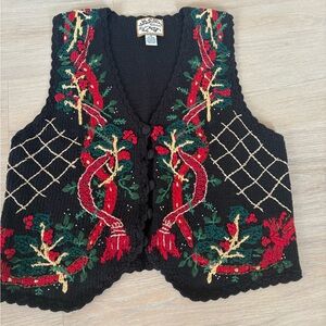 Festive Black Knit Vest with Red and Green Embroidery